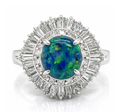 Platinum 1.48 Ct. Black Opal & Diamond Ring: A stunning black opal weighing 1.48 carats, known for its play-of-color, set in platinum with diamond accents.