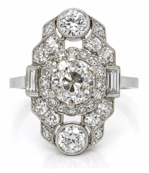 Art Deco Platinum 2.85 Ct. Diamond Ring: A stunning Art Deco ring crafted in platinum, showcasing 2.85 carats of fine diamonds in a geometric vintage setting.