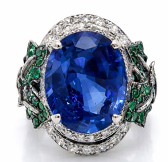 DELLA VALE Platinum GIA Certified 10.50 Ct. Ceylon Sapphire, Diamond, and Emerald Ring (1 of 1)