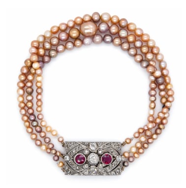 Art Deco 18K GIA Certified Natural Pearl, Diamond, and Ruby Bracelet (1 of 1)