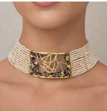 VESCO 18K Yellow Gold Cultured Pearl & Diamond Choker Necklace: 18K Yellow Gold; Cultured Pearls and Diamond accents by Vesco.