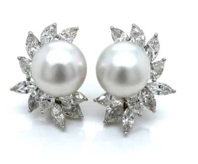 Platinum & 18K White Gold South Sea Pearl and Diamond Earrings: Platinum & 18K White Gold; South Sea Pearls paired with Diamonds.