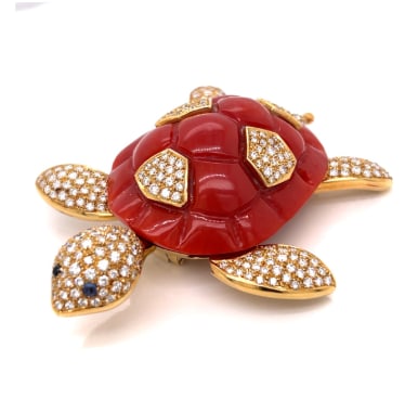 NARDI 18K Yellow Gold GGTL Certified Coral & Diamond Turtle Brooch (1 of 1)