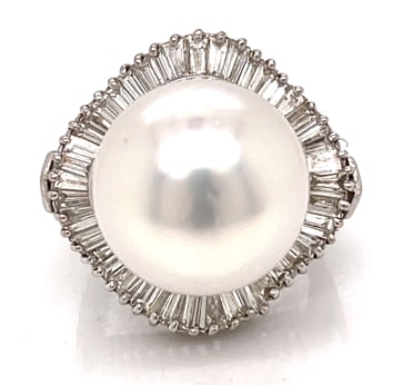18K White Gold South Sea Pearl & Diamond Ring: 18K White Gold; South Sea Pearl and Diamond setting.