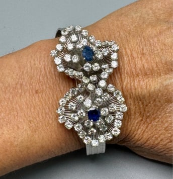 BREVET 1950s 18K White Gold Sapphire & Diamond Bracelet: 18K White Gold; 1950s Brevet design with Sapphires and Diamonds.