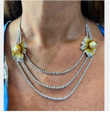 18K White Gold South Sea Pearl & Diamond Necklace: 18K White Gold; South Sea Pearls paired with Diamonds.