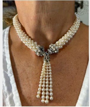 French 18K White Gold Pearl & Diamond Necklace: 18K White Gold; French design featuring a Pearl tassel and Diamonds.