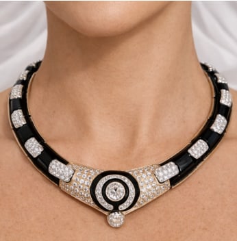 18K Yellow Gold Diamond & Onyx Necklace: 18K Yellow Gold; bold link design featuring Onyx and Diamonds.