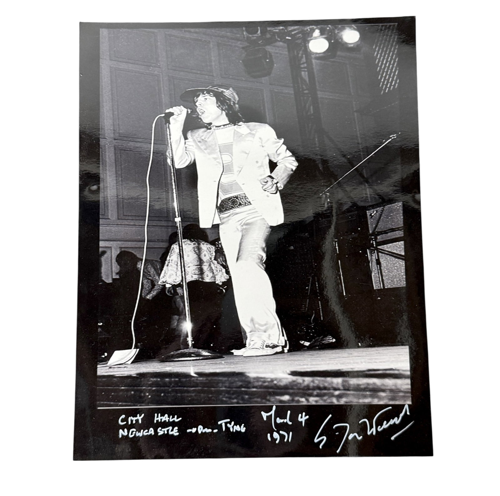 Rolling Stones Mick Jagger 1971 Concert Photographs City Hall, Newcastle-Upon-Tyne: A pair of original vintage black-and-white photographs depicting Mick Jagger and Keith Richards performing live on March 4, 1971 during the Rolling Stones UK tour at City Hall, Newcastle-Upon-Tyne.