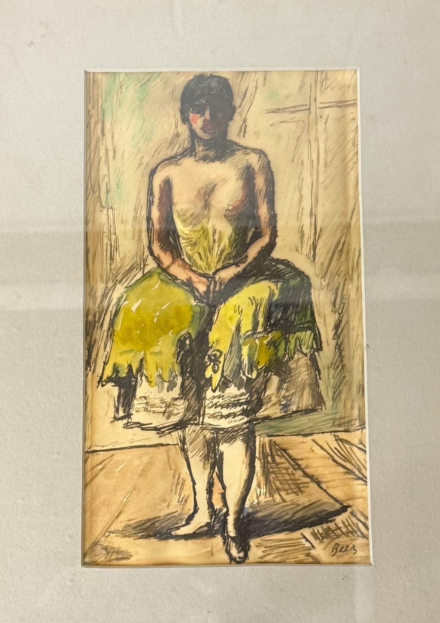Wilhelm Amandus Beer Hand Drawing German painter: A striking mixed-media artwork depicting a standing female figure in a bright green skirt, executed with expressive ink outlines and watercolor washes. Signed 'Bres' lower right. The composition