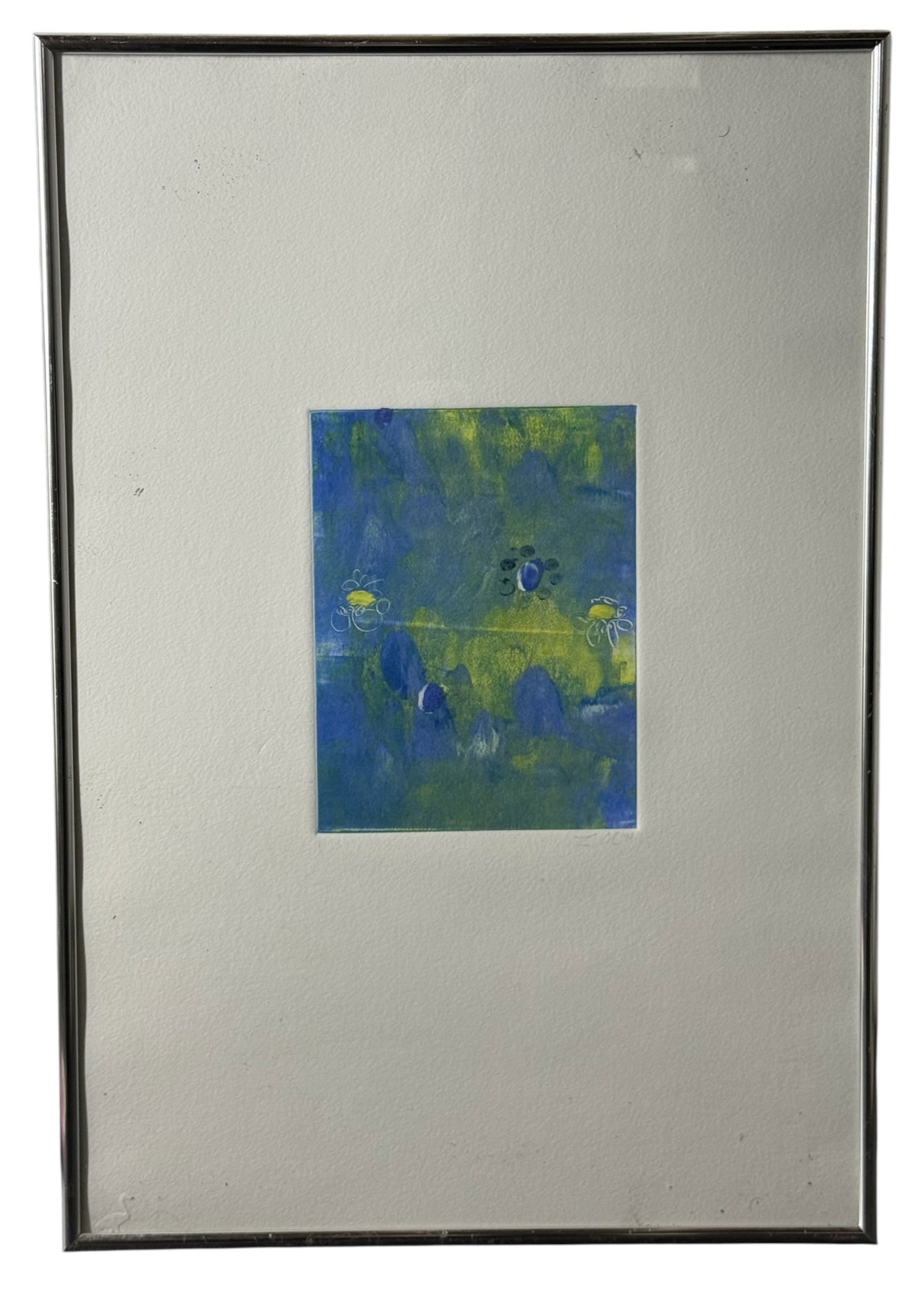 Modern Abstract Monoprint Signed: Contemporary abstract monoprint in blue and yellow hues