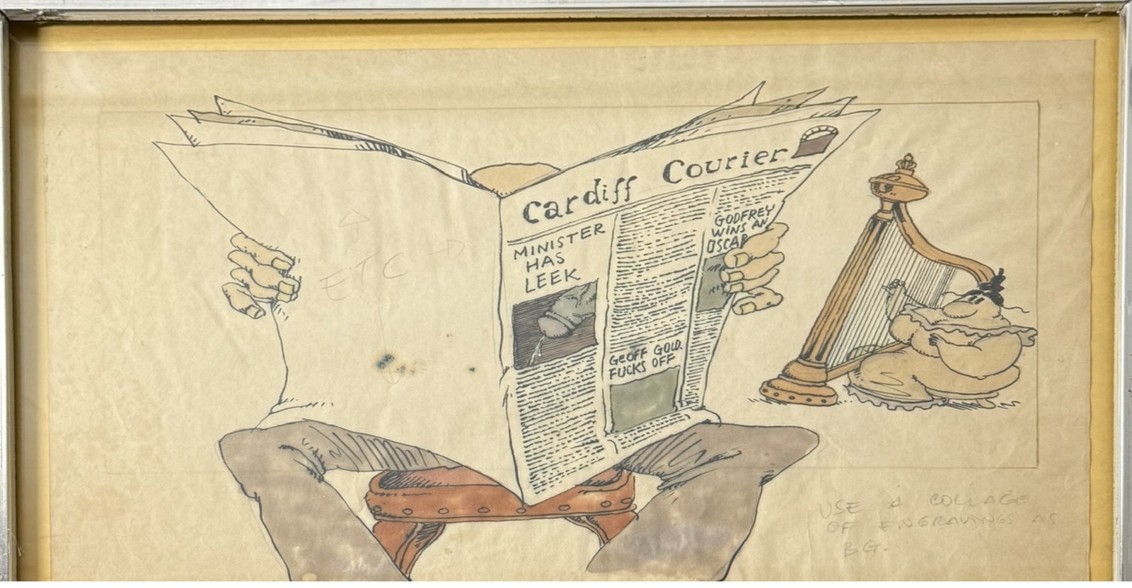 Vintage Cartoon Illustration Art Production Cardiff Courier: Original humorous cartoon illustration Production Art