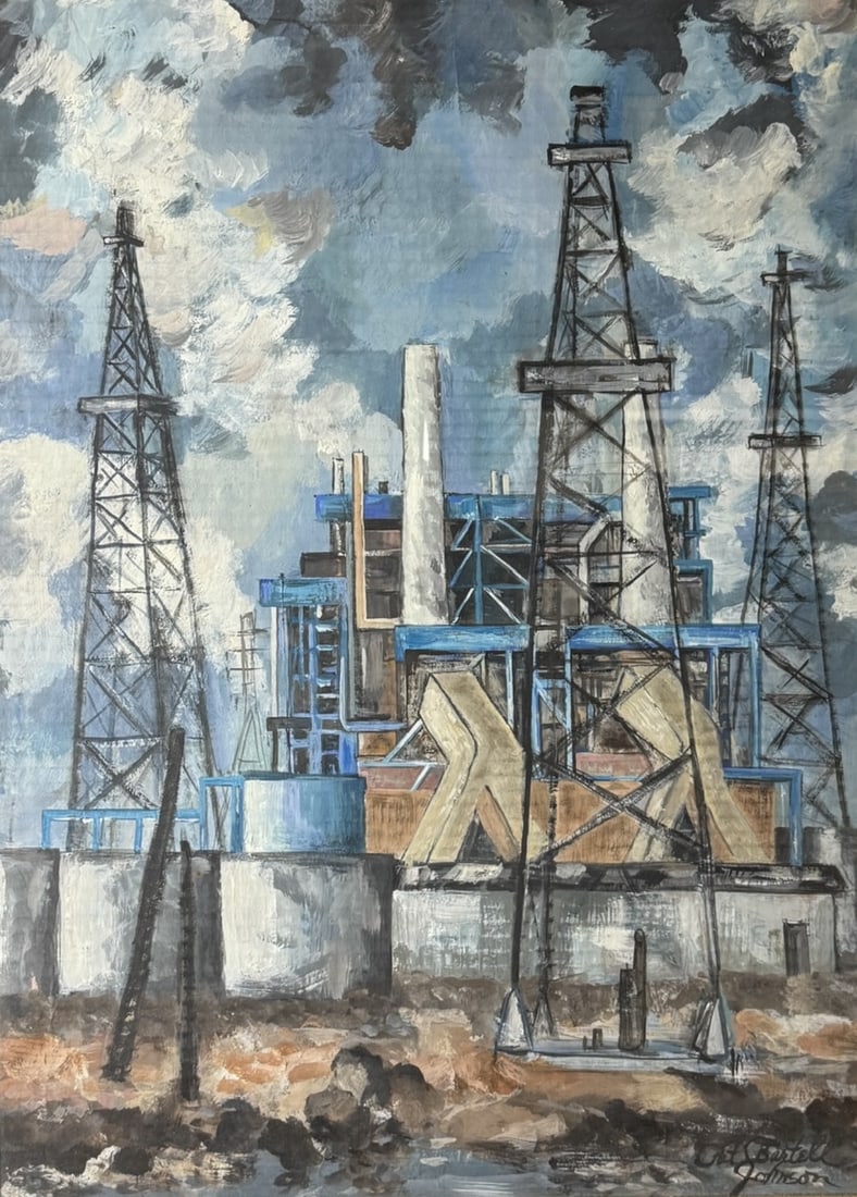 Industrial Oil Field Painting Mid-Century: This mid century industrial oil field painting captures the drama and power of mechanical progress. Steel towers rise against a dynamic sky filled with expressive brushwork, while architectural lines