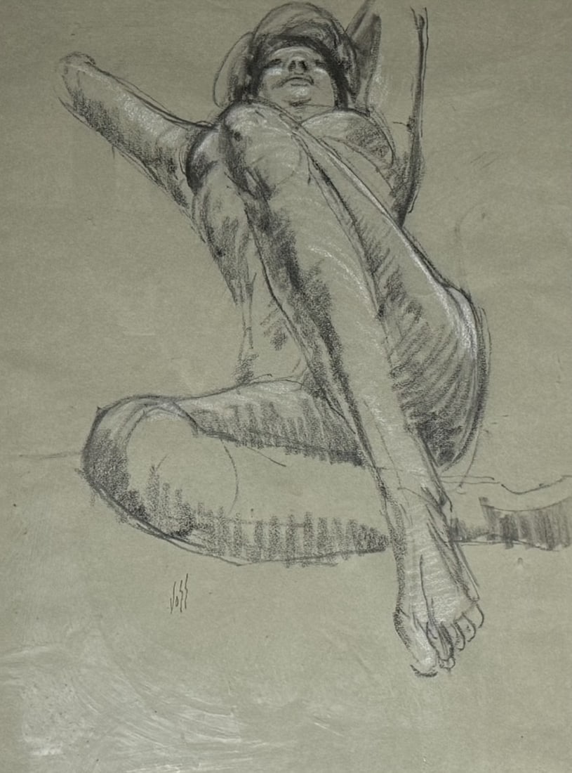 Vintage Figure Study Drawing Graphite on Paper SIGNED VOSS: This expressive graphite figure study highlights the artist’s mastery of anatomy, gesture, and shading. The reclining female form is rendered with confident contour lines and subtle tonal modeling,