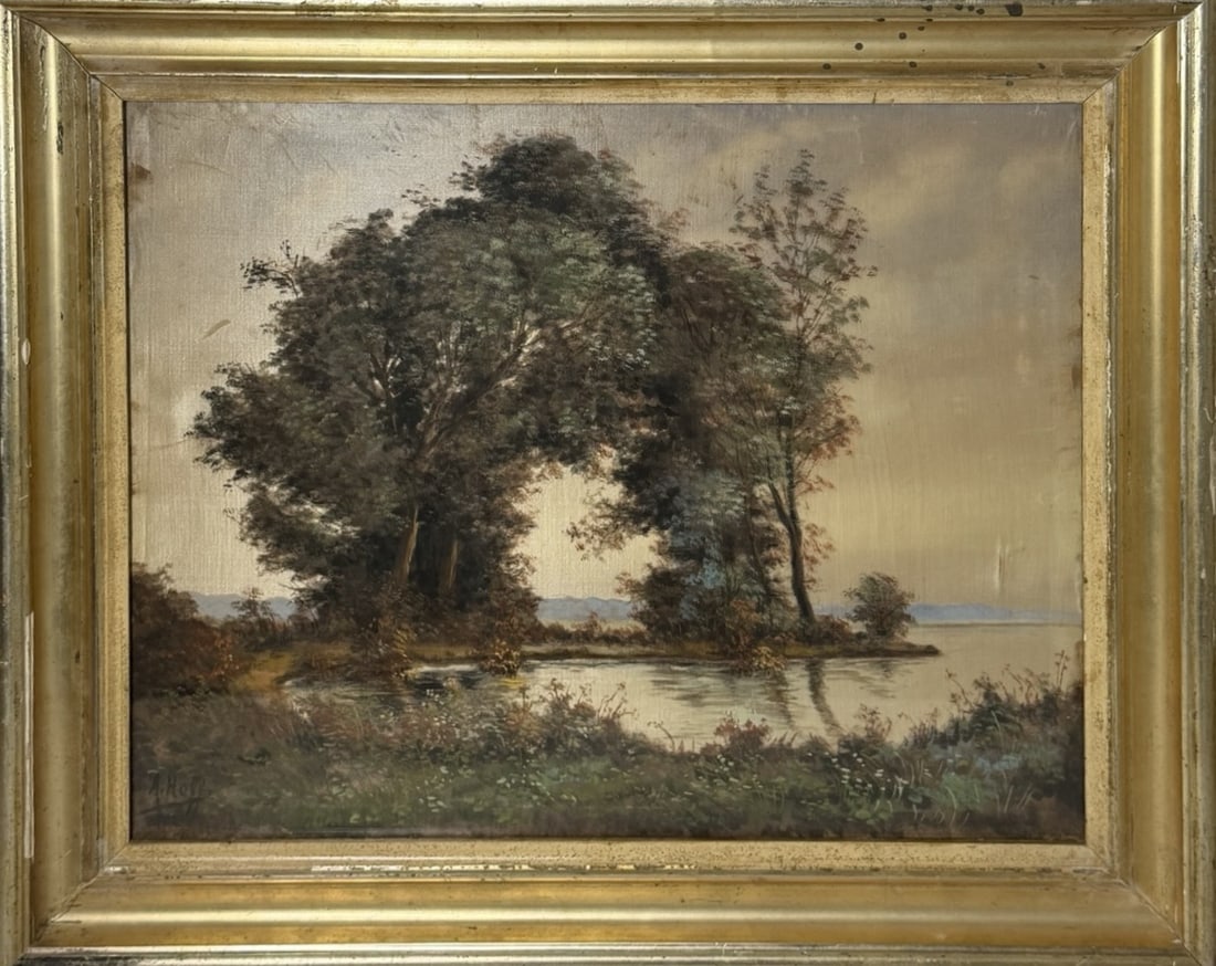 Antique Landscape Oil Painting ? Lakeside Trees Henry Swichwities Watercolor: Beautiful 19th_century Antique Landscape Oil Painting ? Lakeside Trees Henry Swichwities Watercolor depicting a calm lakeside scene with dense trees, soft atmospheric light, and delicate brushwork.