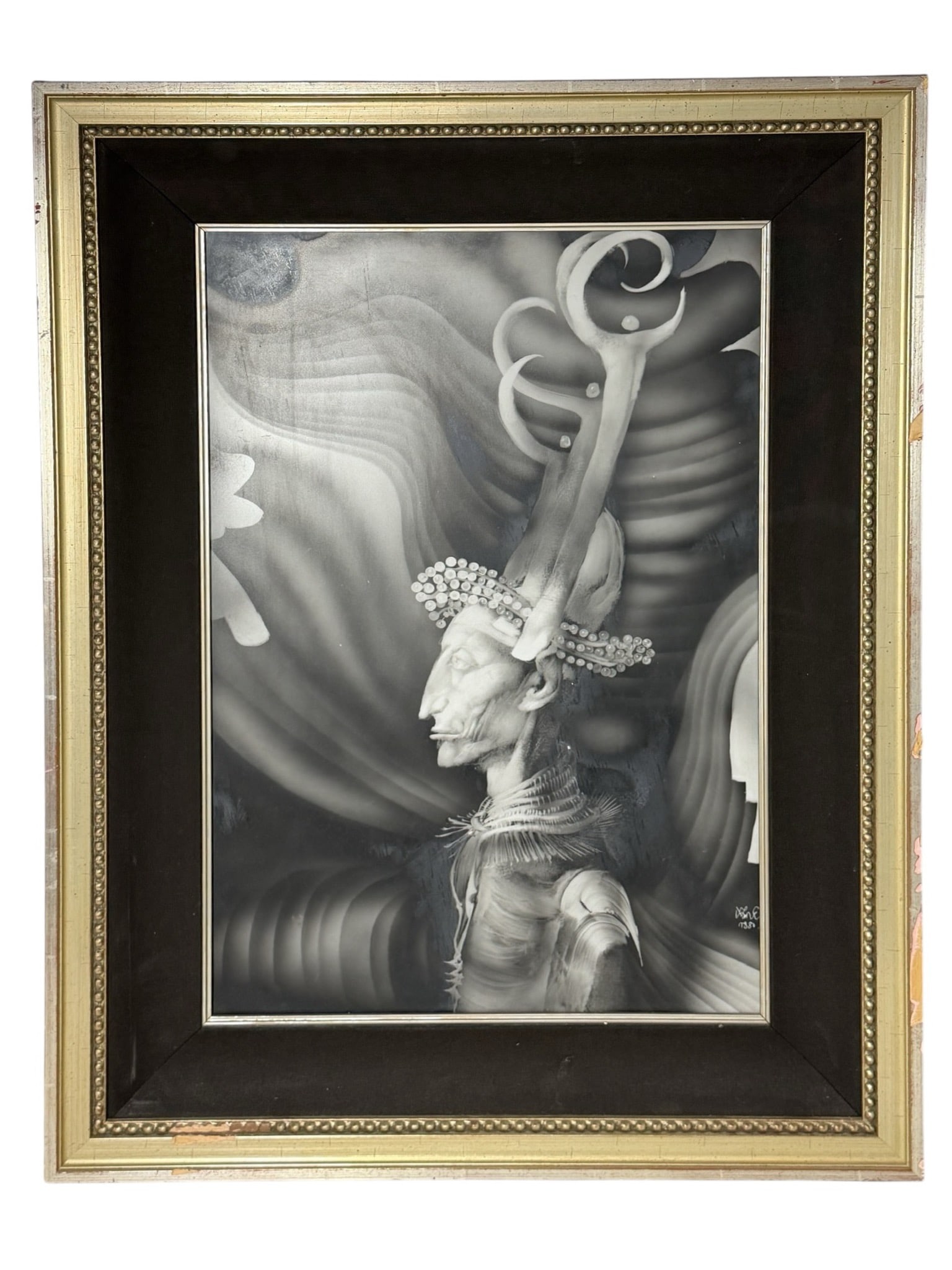 Surrealist Portrait by Endre Szasz Painting ? Monochrome Fantasy Figure: Striking surrealist portrait featuring an elongated fantastical figure adorned with an elaborate headdress. Executed in grayscale tones with fluid, dreamlike motion in the background. Signed and