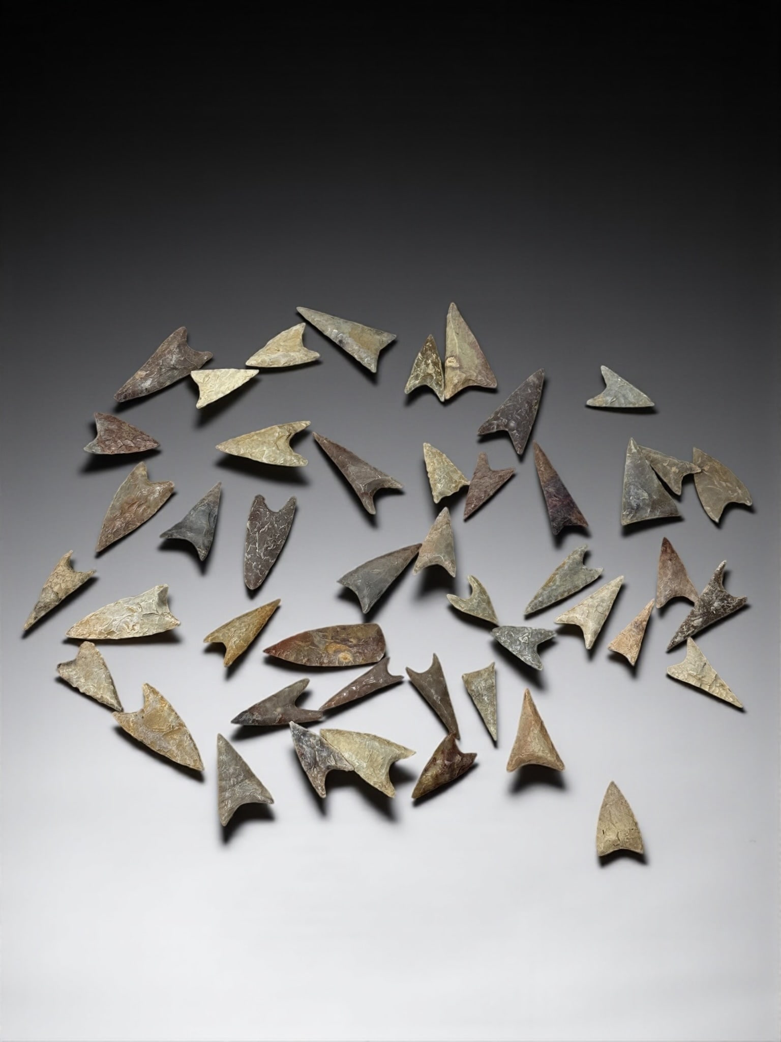 Collection of Ancient Arrowheads: Second group of authentic ancient stone arrowheads with excellent variety of shapes and surface textures. Great for archaeology hobbyists, primitive weapon collectors, and decorative study displays.