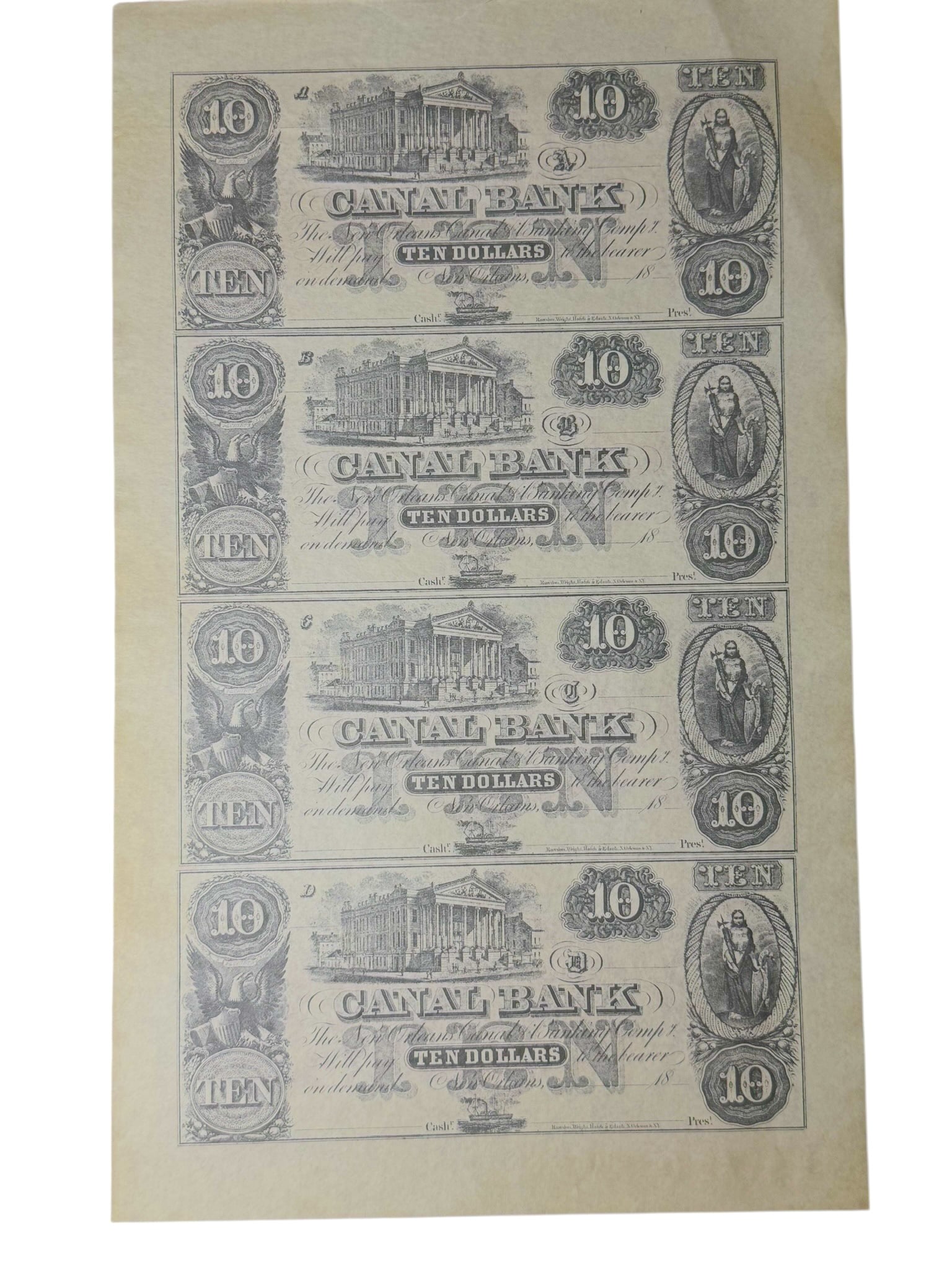 Canal Bank $10 Currency Sheet ? Four Notes: Uncut sheet of four early Canal Bank $10 notes featuring detailed engravings of classical architecture, allegorical figures, and eagle vignettes. These obsolete banknotes represent an important era