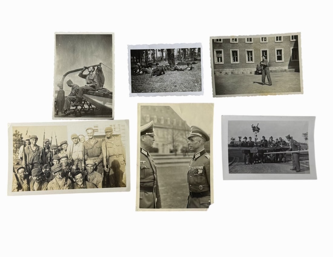 Collection of 7 WWII Military Photographs: Group of seven original WWII-era photographs portraying soldiers in various candid and posed scenarios. Scenes include uniformed troops holding rifles, field training exercises, command officers in de