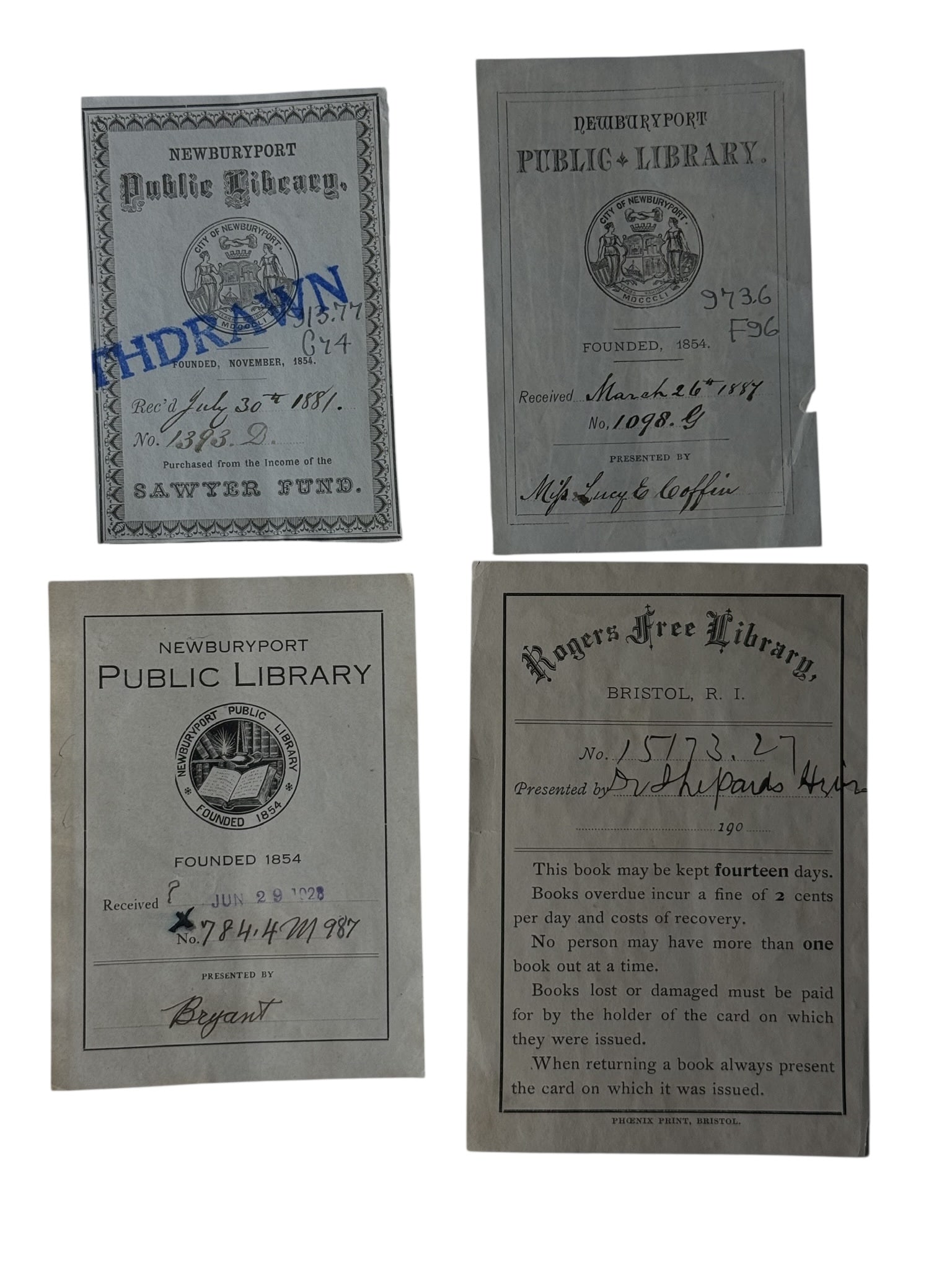 Set of 4 Antique Library Bookplates (Newburyport & Rogers Free Library): Collection of early 20th century library bookplates featuring Newburyport Public Library and Rogers Free Library, Bristol, Rhode Island. These original ephemera pieces document historic acquisition re