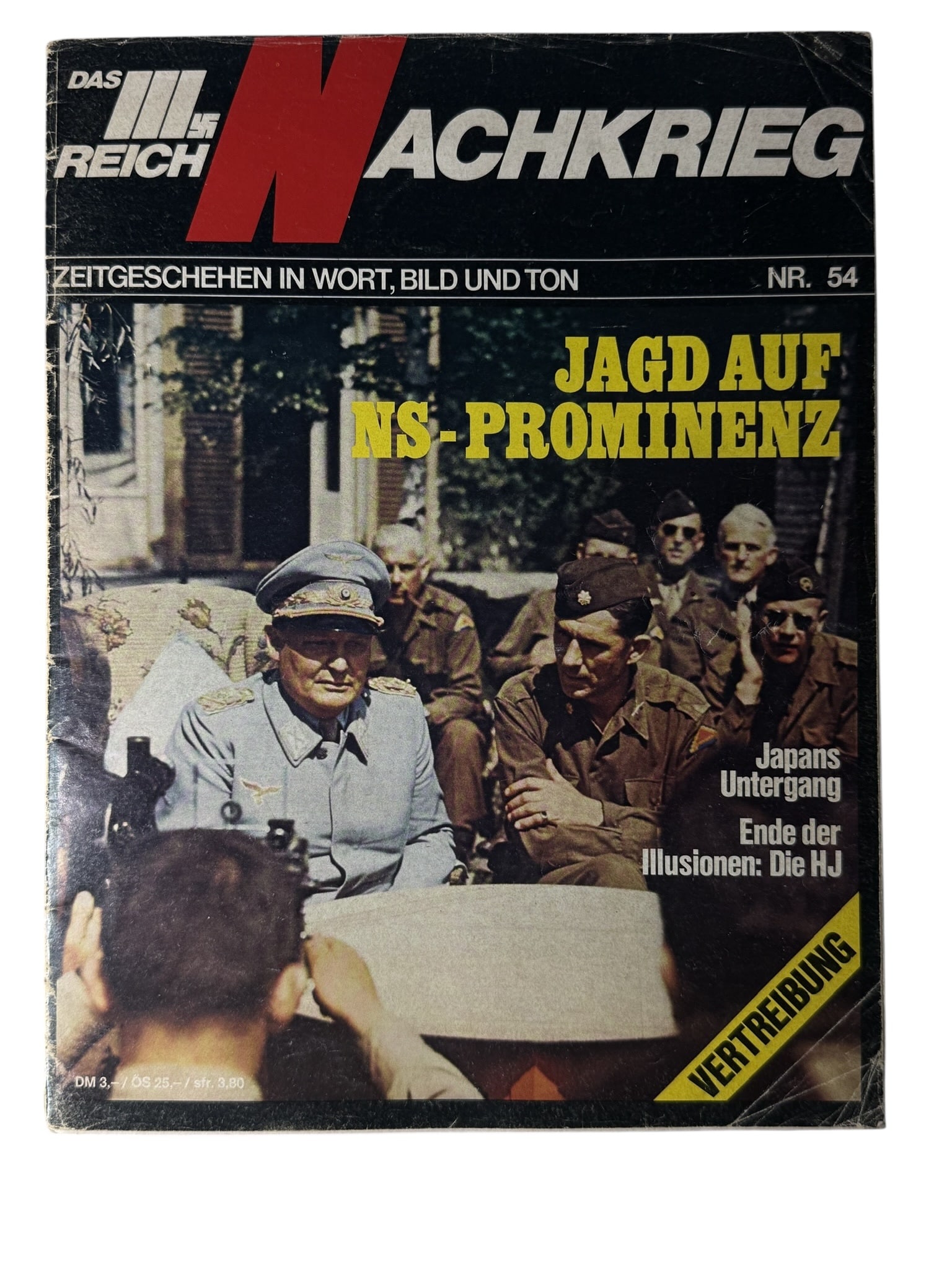 1950s German Magazine Das Reich Nachkrieg' Issue No.54: Original issue of the German postwar magazine 'Das Reich Nachkrieg,' featuring colorized cover image of military interrogation, articles on Nazi fugitives, Japans collapse, and the Hitler Youth. Notab