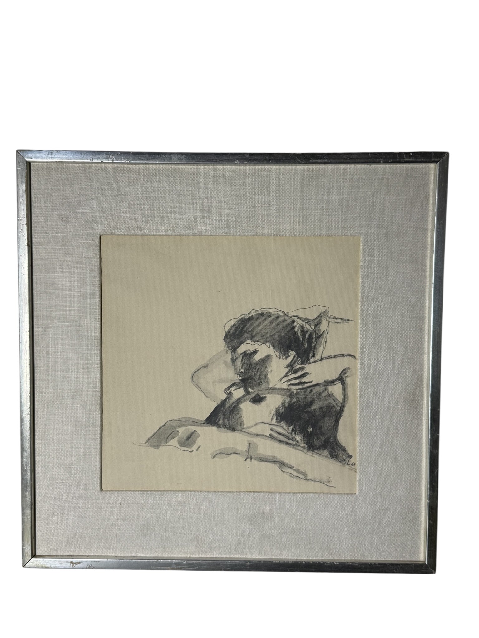 Vintage Charcoal Portrait Drawing of Reclining Woman: A beautifully rendered vintage charcoal portrait depicting a woman reclining in a quiet, contemplative pose. Executed with expressive tonal shading and soft gestural lines, the artwork captures a sens