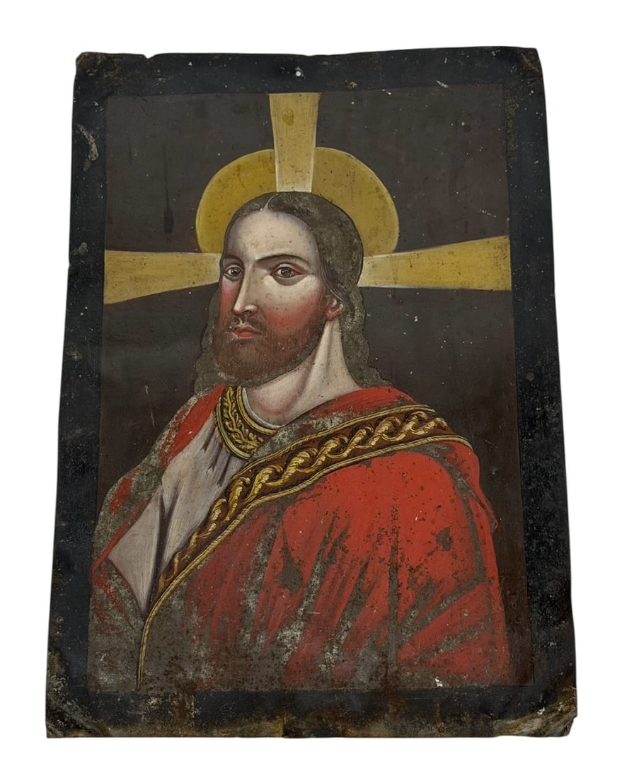 Antique Hand-Painted Icon of Christ Pantocrator on Tin (1 of 7)