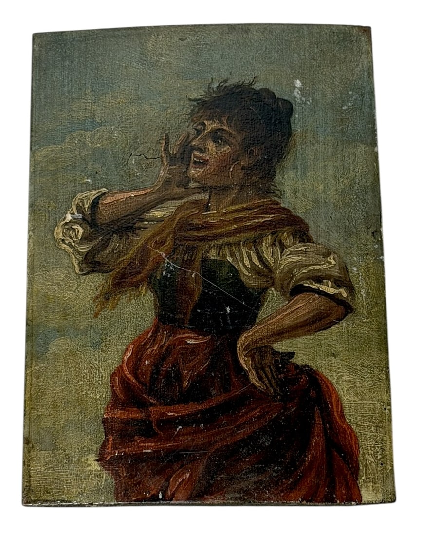 Antique 19th-Century European Oil Painting of a Calling Woman: A lively 19th-century European oil painting depicting a spirited woman in rustic dress calling out with expressive gesture. Her vibrant red skirt, gold scarf, and strong posture evoke the dramatic cha