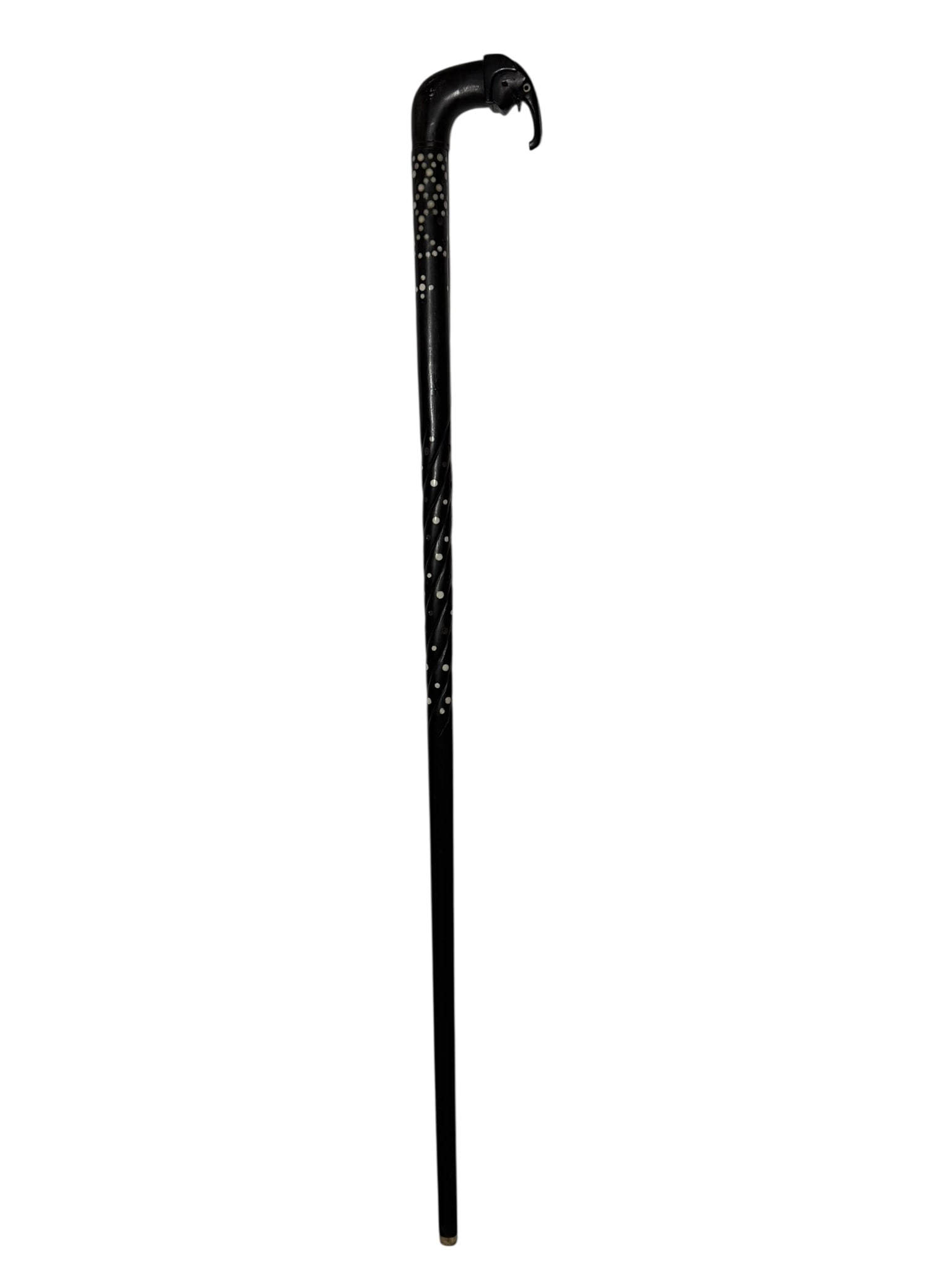 Vintage Black Walking Cane with Inlaid Dots and Carved Animal Head Handle (1 of 4)