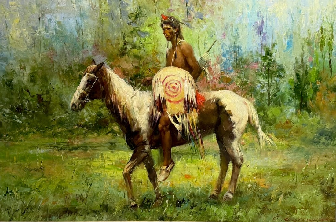 Oil Painting on Canvas of Native American Warrior on Horseback, Signed (1 of 6)