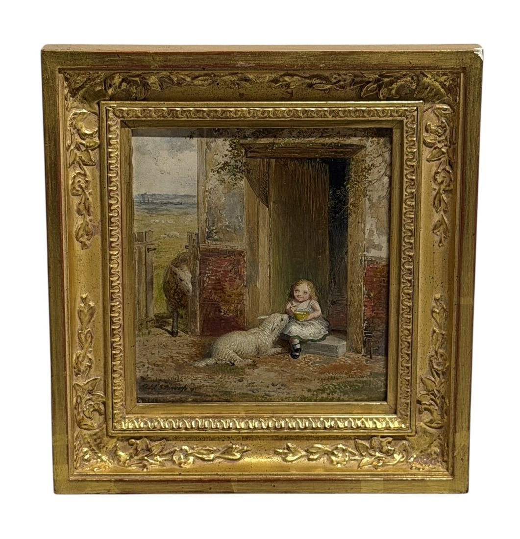 19th-Century Genre Painting of Child with Sheep in Gilt Frame Signed: A charming 19th-century genre painting portraying a young girl seated in a barn doorway as a loyal sheep rests at her feet. The detailed rustic setting, soft natural lighting, and sentimental narrativ