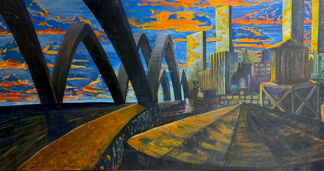 Large Surreal Industrial Urban Cityscape with Arched Bridges Contemporary Oil Painting: A striking contemporary oil painting featuring a surreal, futuristic cityscape dominated by sweeping arched bridge structures, towering skyscrapers, and vivid orange-and-blue skies. Bold geometric for
