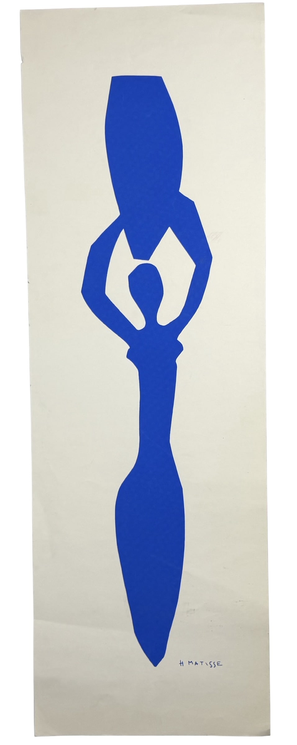 After Henri Matisse Blue Cut-Out Silhouette Lithograph Poster: A striking lithograph poster after Henri Matisse, featuring his iconic blue cut-out silhouette style. The elongated abstract female form, rendered in rich ultramarine blue against a cream background,