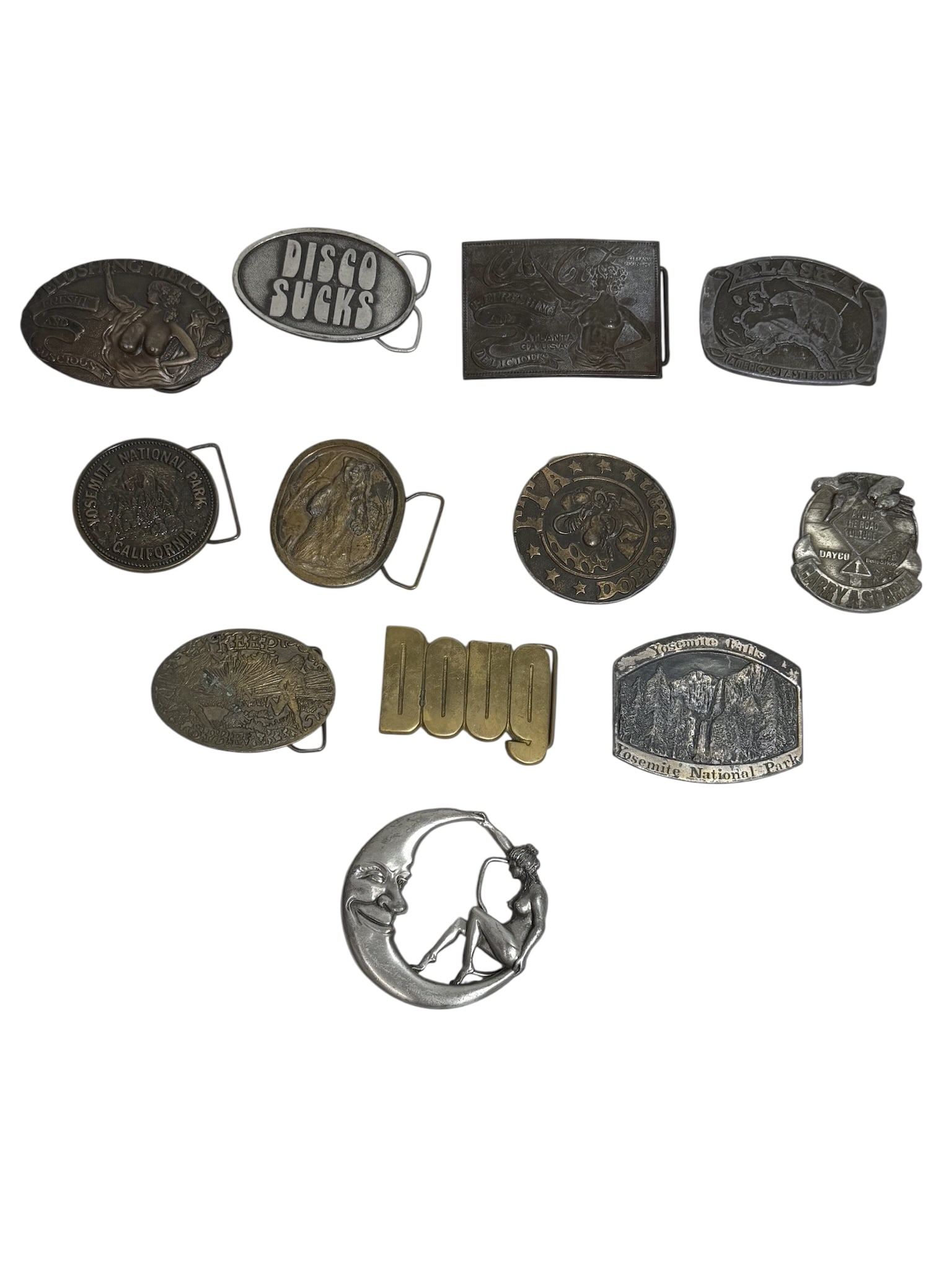 Collection of 12 Vintage & Novelty Belt Buckles ? Mixed Metal Designs: A diverse collection of twelve vintage belt buckles, featuring novelty, Western, National Park, humorous, and figural themes. Highlights include Yosemite National Park buckles, a bold ?DISCO SUCKS?