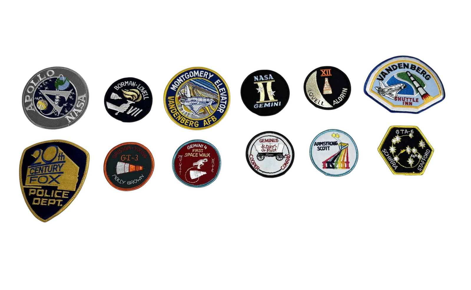 Collection of 14 NASA Apollo, Gemini & Vandenberg AFB Mission Patches: A historically rich group of fourteen embroidered patches covering Apollo, Gemini, Vandenberg AFB mission insignias, NASA logos, and rare novelty aerospace patches. Includes Gemini III, Gemini IV