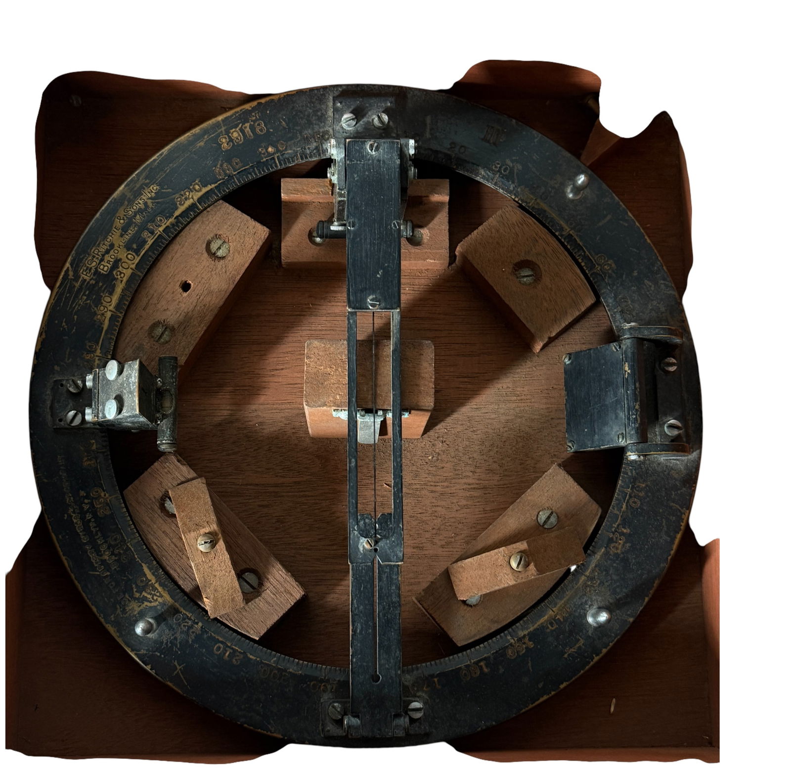 WWII Naval Circular Protractor / Surveying Ring Instrument: This rare WWII-era Naval Circular Protractor / Surveying Ring Instrument is housed in its original hand-built wooden case with fitted compartments. Constructed of heavy steel, brass, and precision-etc
