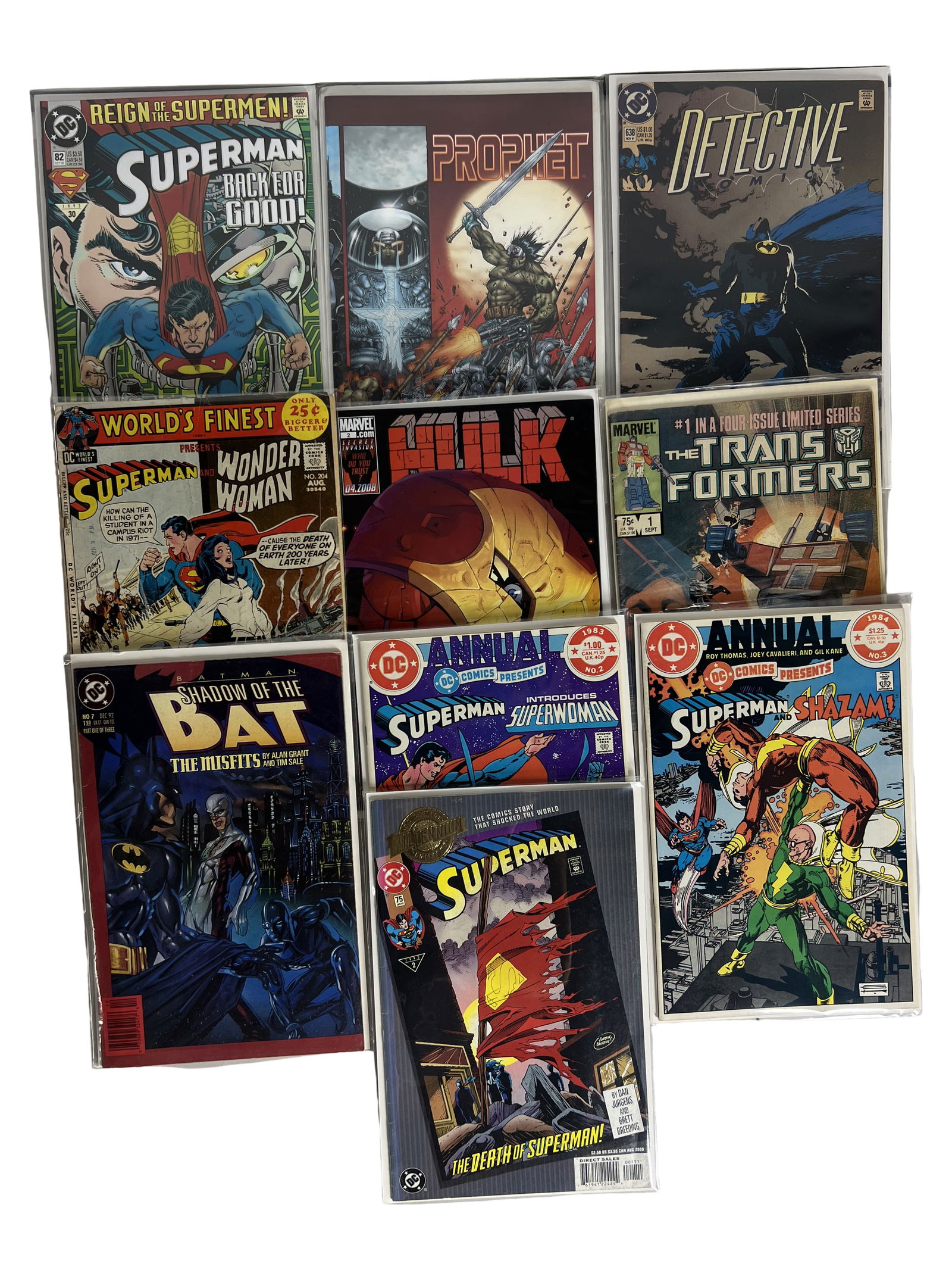 Mixed Comic Books Lot Superman, Hulk, Batman, Transformers (10 Issues): Includes Superman, Hulk, Detective Comics, Transformers 1 and more. Mixed eras. Condition varies.