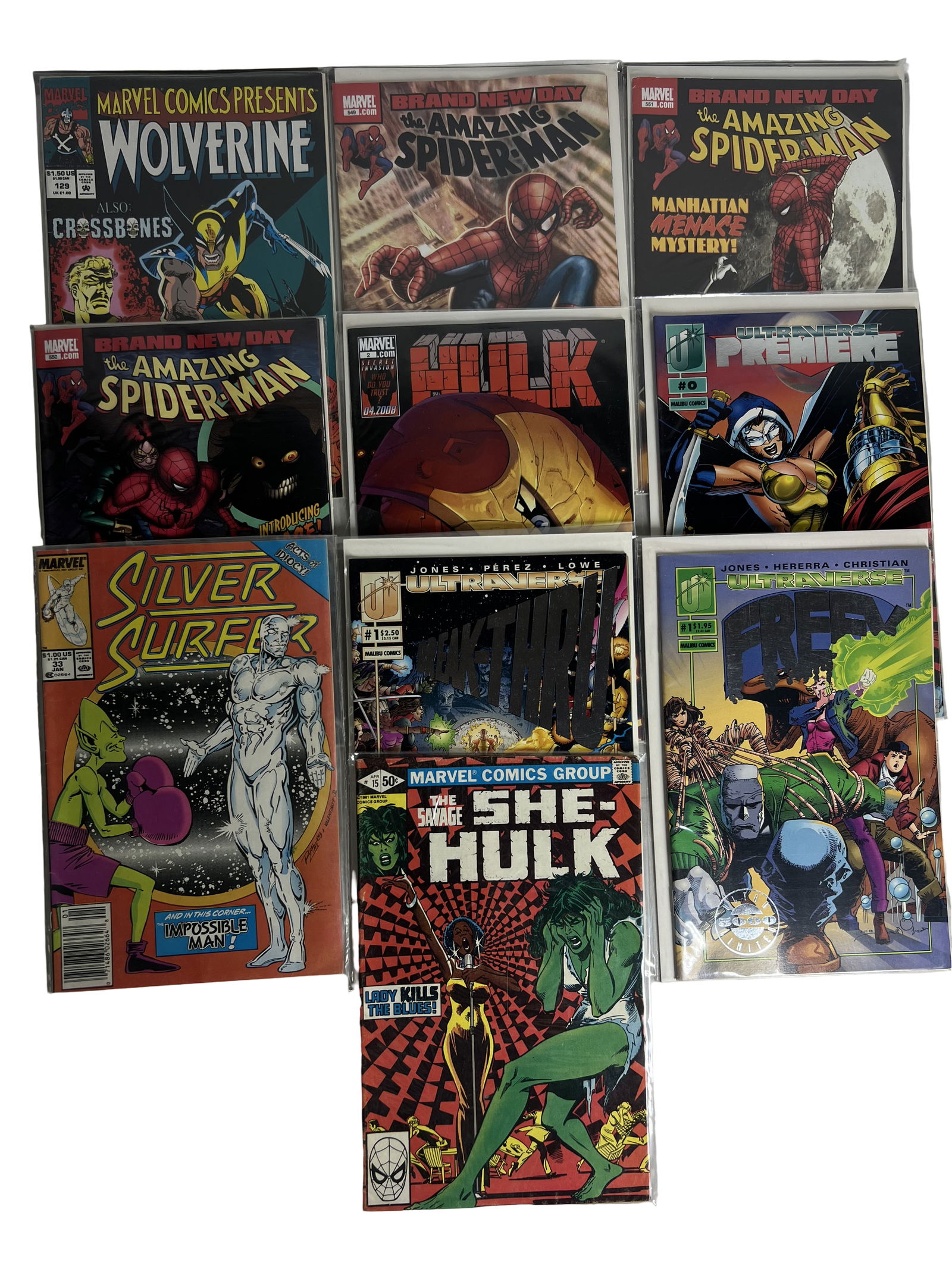 Mixed Comic Books Lot Wolverine, Spider-Man, Silver Surfer (10 Issues): Includes Wolverine, Amazing Spider-Man, Silver Surfer, She-Hulk. Condition varies.