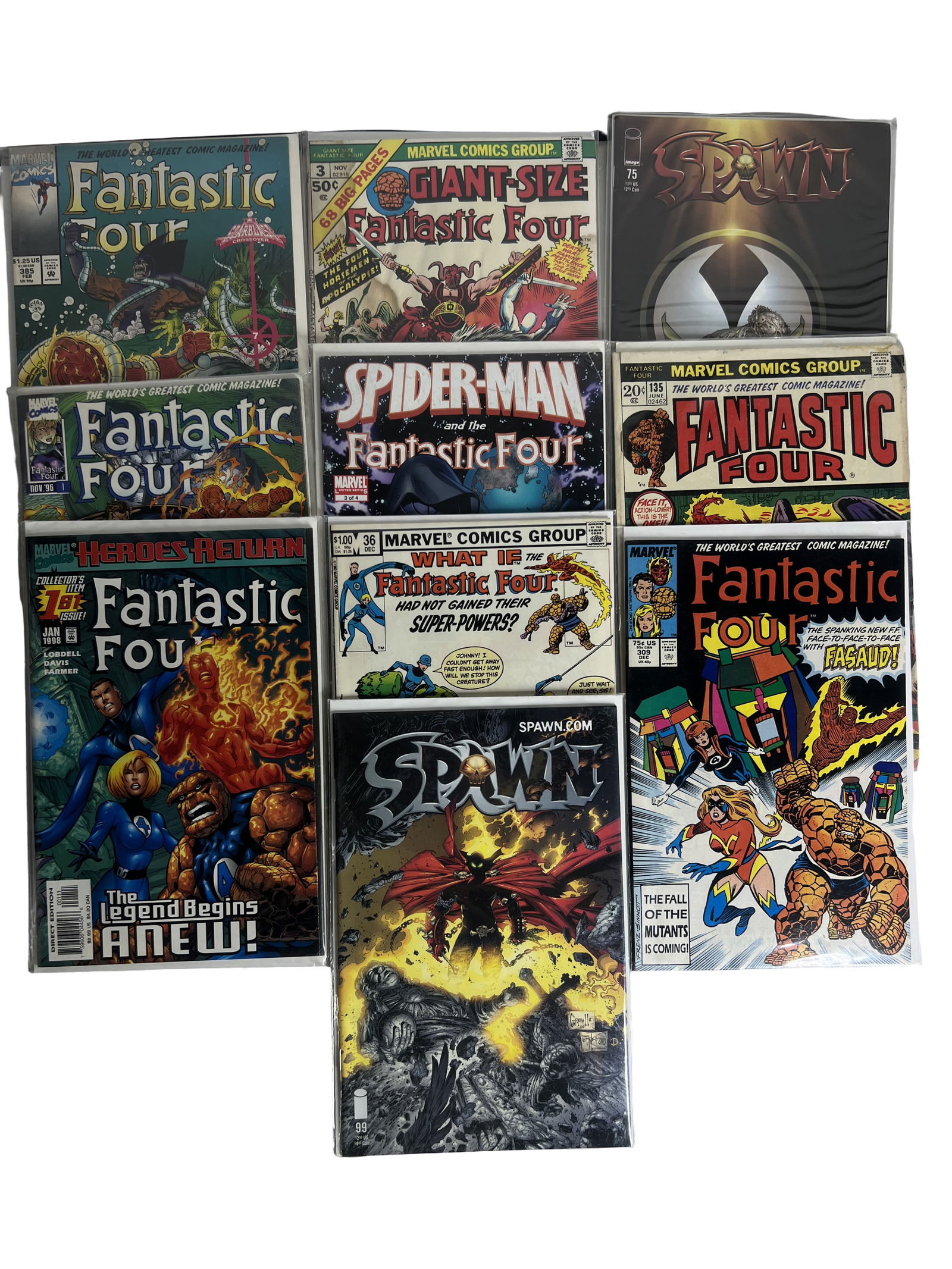 Fantastic Four Spawn Comic Book Lot Marvel, Image, Vintage Modern Mix: Comic book lot featuring Fantastic Four issues (bronze/modern age), Giant-Size Fantastic Four, What If? Fantastic Four, and Spawn issues. Includes Marvel Comics Group classics and Image Comics Spawn.