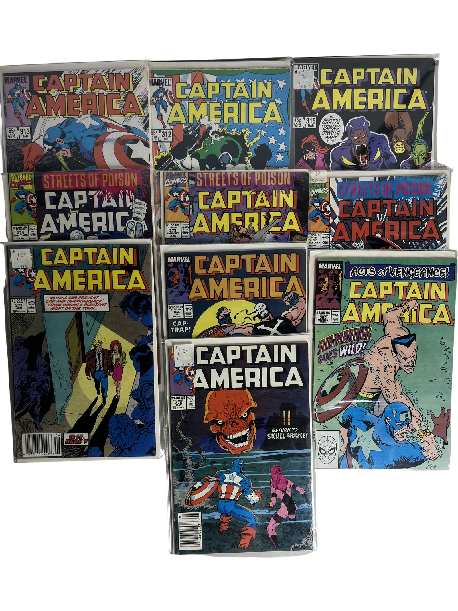 Captain America Comic Book Lot Streets of Poison, Acts of Vengeance, Marvel Comics: Comic book lot featuring Captain America story arcs including Streets of Poison and Acts of Vengeance. Classic Marvel Comics superhero issues. Collectible comic books. Condition varies.