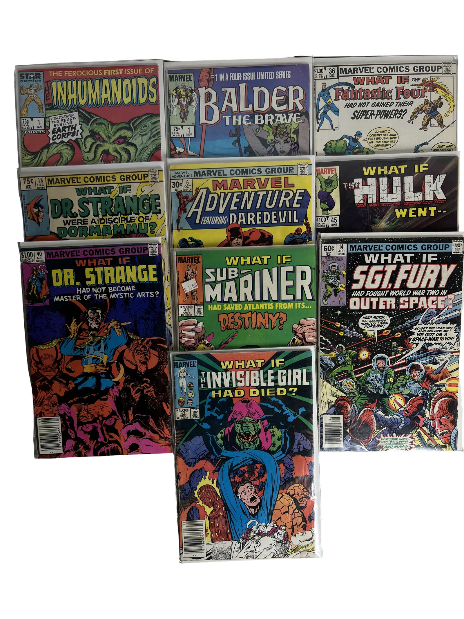 Marvel What If Comic Book Lot Dr Strange, Hulk, Sub-Mariner, Fantastic Four: Comic book lot of What If? series including alternate storylines for Dr. Strange, Hulk, Sub-Mariner, Fantastic Four. Marvel Comics multiverse stories. Collectible comic books. Condition varies.