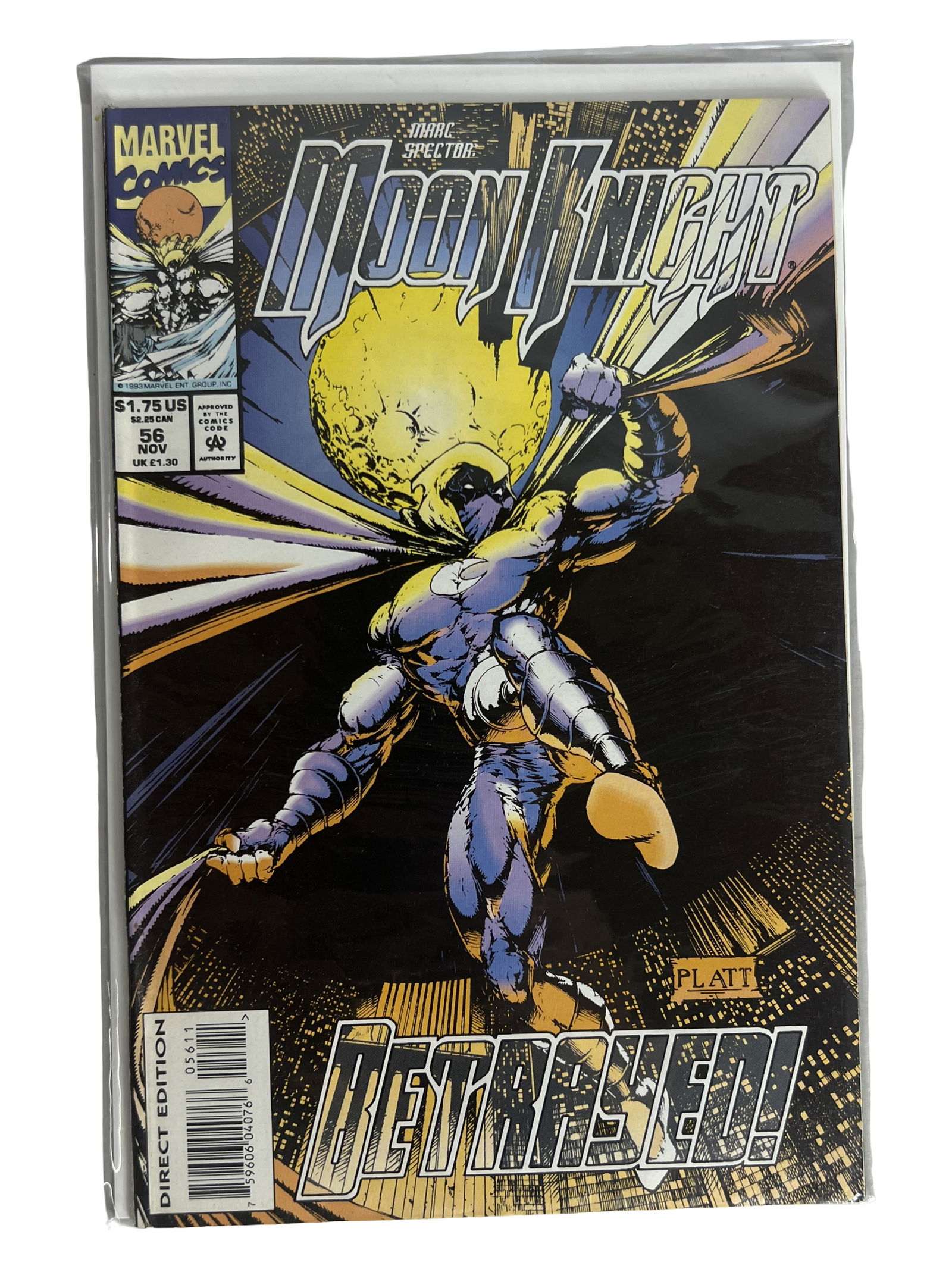 Moon Knight Comic Book 56 Marvel Comics Marc Spector: Single comic book Moon Knight 56 featuring Marc Spector. Cult Marvel character collectible.