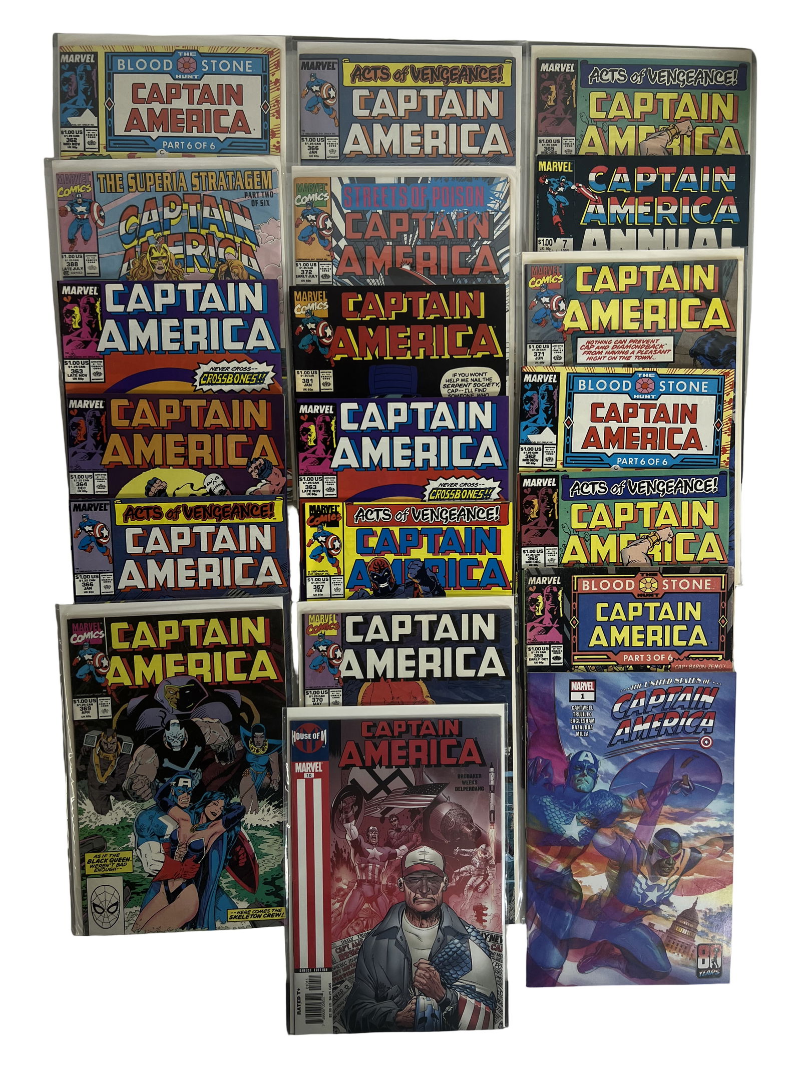 Captain America Comic Book Lot Acts of Vengeance / Bloodstone Storylines: Marvel Captain America lot featuring Acts of Vengeance crossover and Bloodstone Hunt storyline issues. KEY Marvel crossover events with strong collector demand.