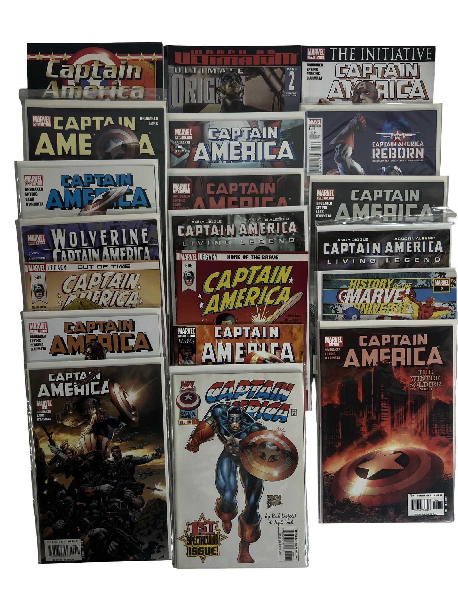 Captain America Comic Book Lot Modern Era (Winter Soldier, Reborn, Brubaker Run): Modern Captain America comic lot including Ed Brubaker run, Winter Soldier storyline, Reborn series, and Living Legend issues. KEY modern investment run.