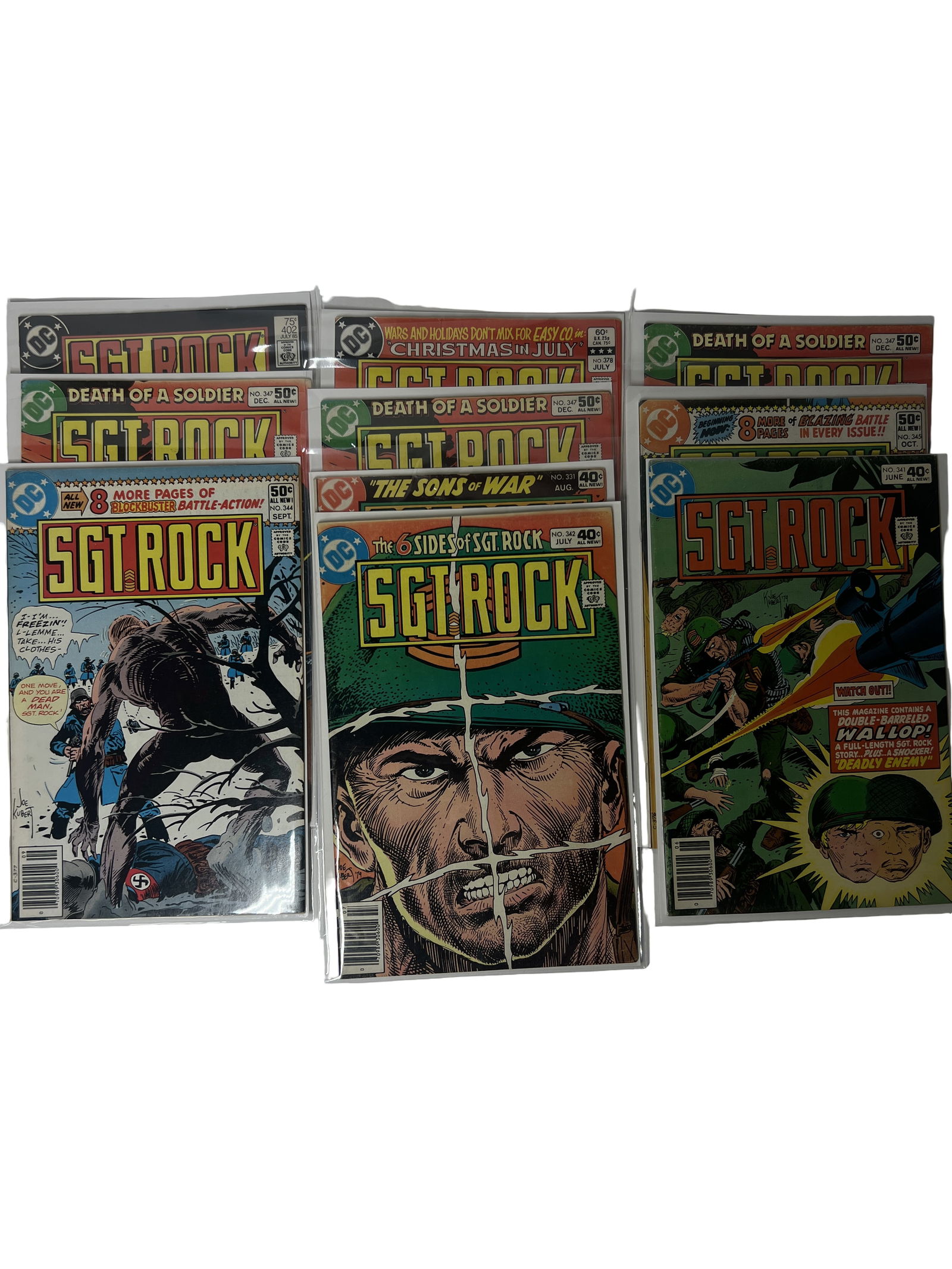 Sgt. Rock Comic Lot DC Bronze Age War Issues: DC Sgt. Rock comic lot featuring Bronze Age war issues including 'Death of a Soldier' storyline and classic Joe Kubert covers. Strong collector demand in war comics.