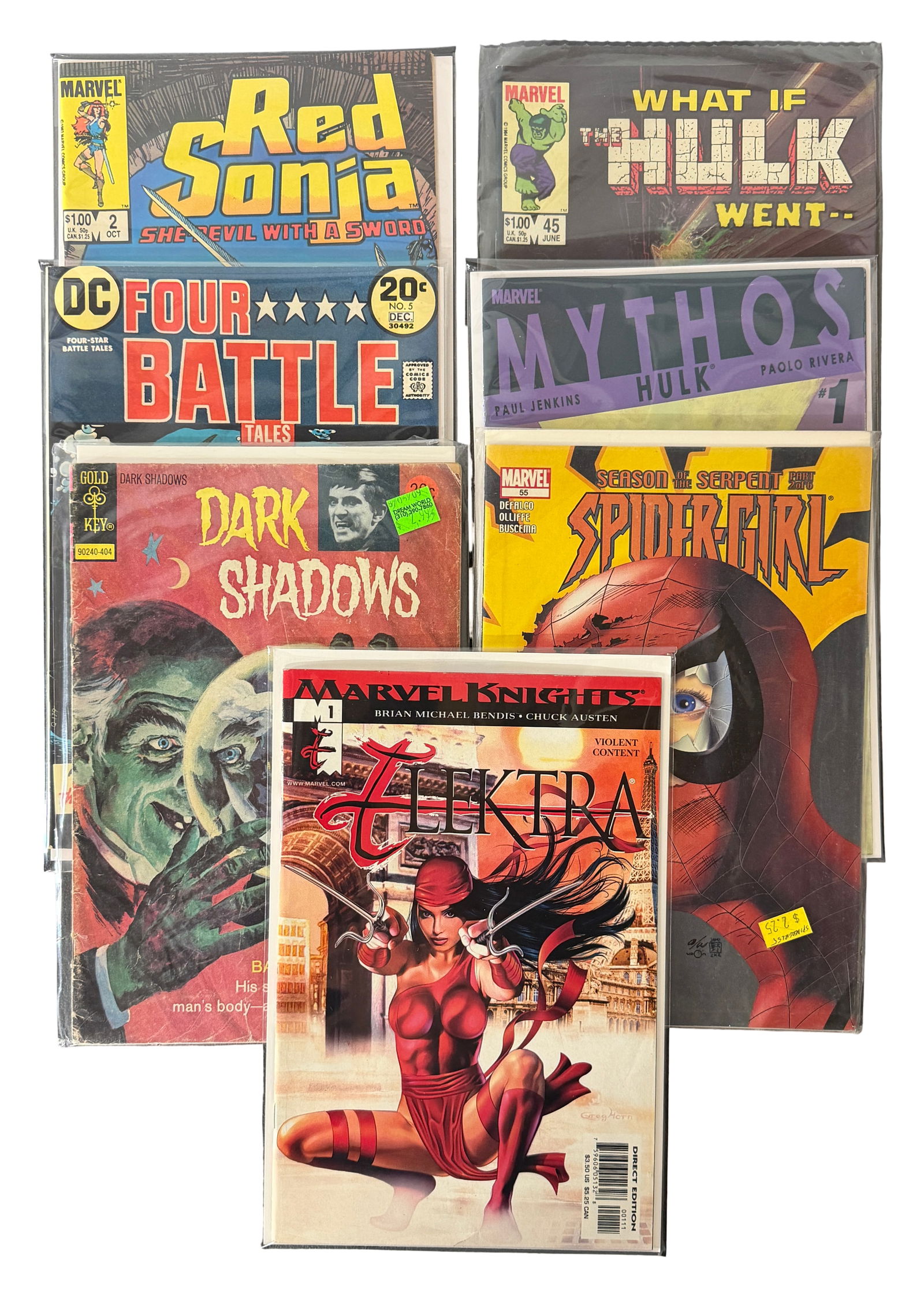 Mixed Comic Book Lot Red Sonja, Elektra 1, Marvel DC: Mixed comic lot including Elektra 1 (Marvel Knights), Red Sonja, Hulk Mythos, and DC horror titles. Elektra 1 is a KEY modern issue.