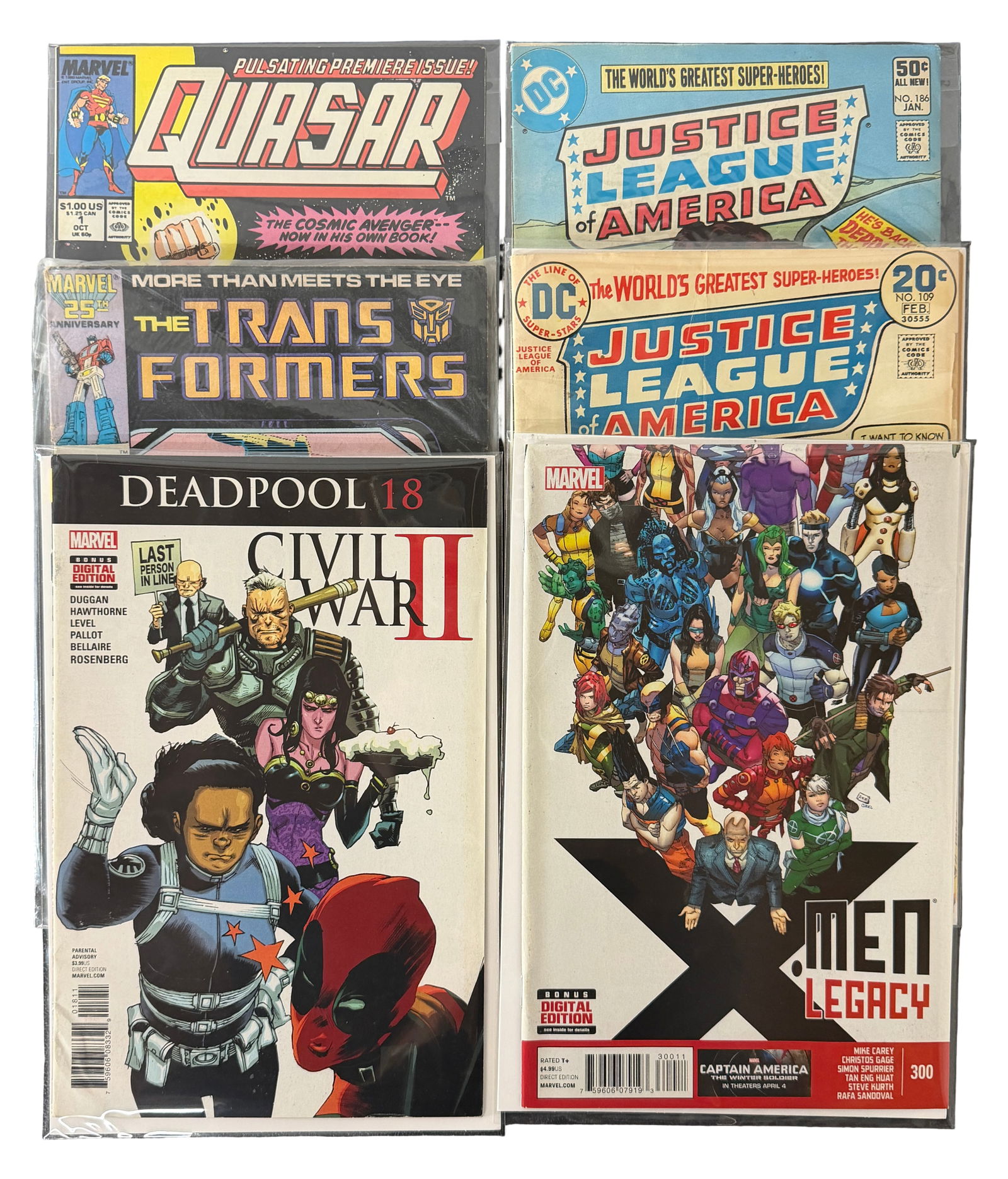 Comic Book Quasar 1, Justice League of America Lot: Marvel Quasar 1 (premiere issue) with DC Justice League of America Bronze Age issues. Includes collectible early superhero appearances.
