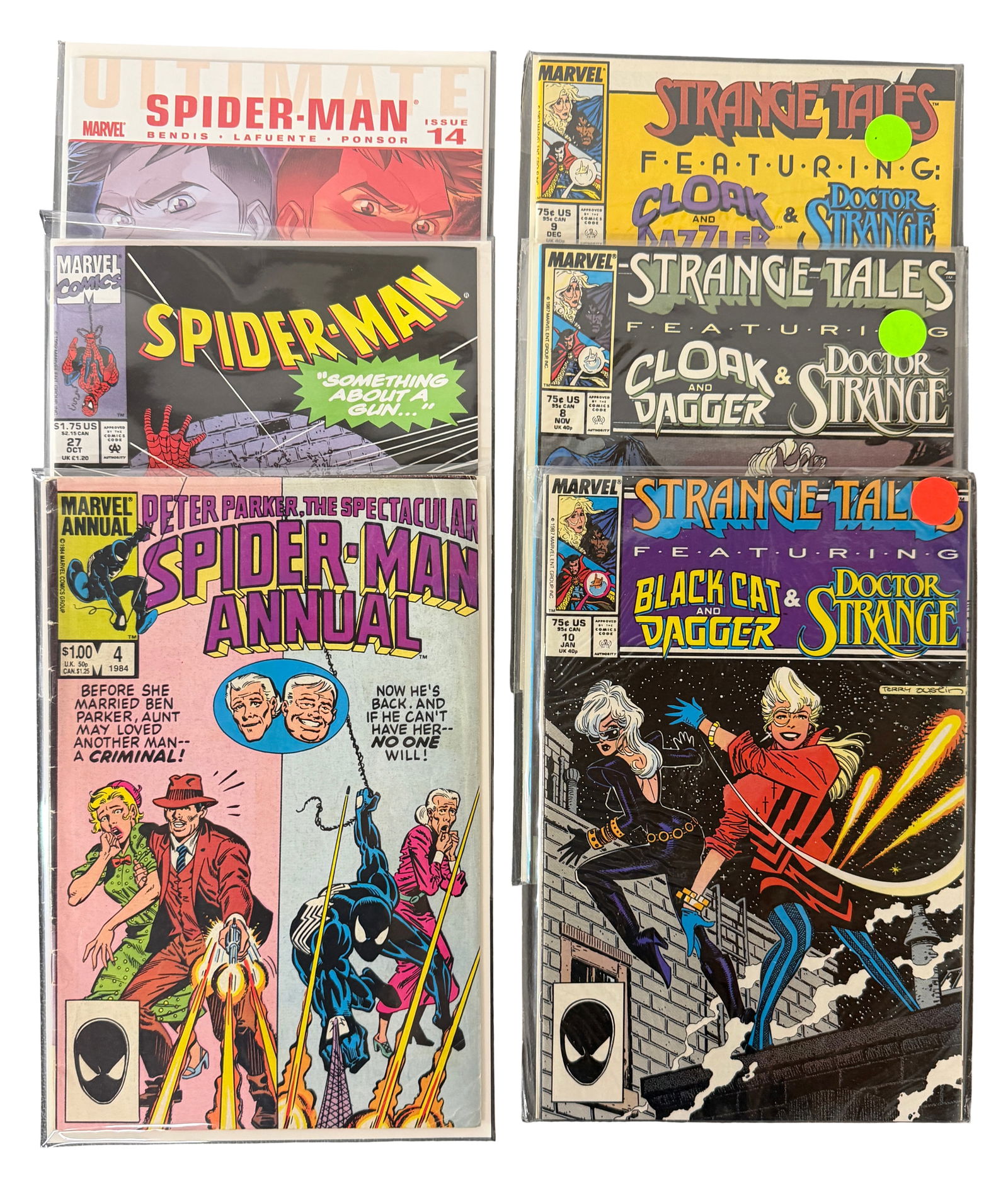 Comic Books Spider-Man, Strange Tales, Cloak Dagger Lot: Marvel lot featuring Spider-Man issues and Strange Tales featuring Cloak Dagger and Doctor Strange.