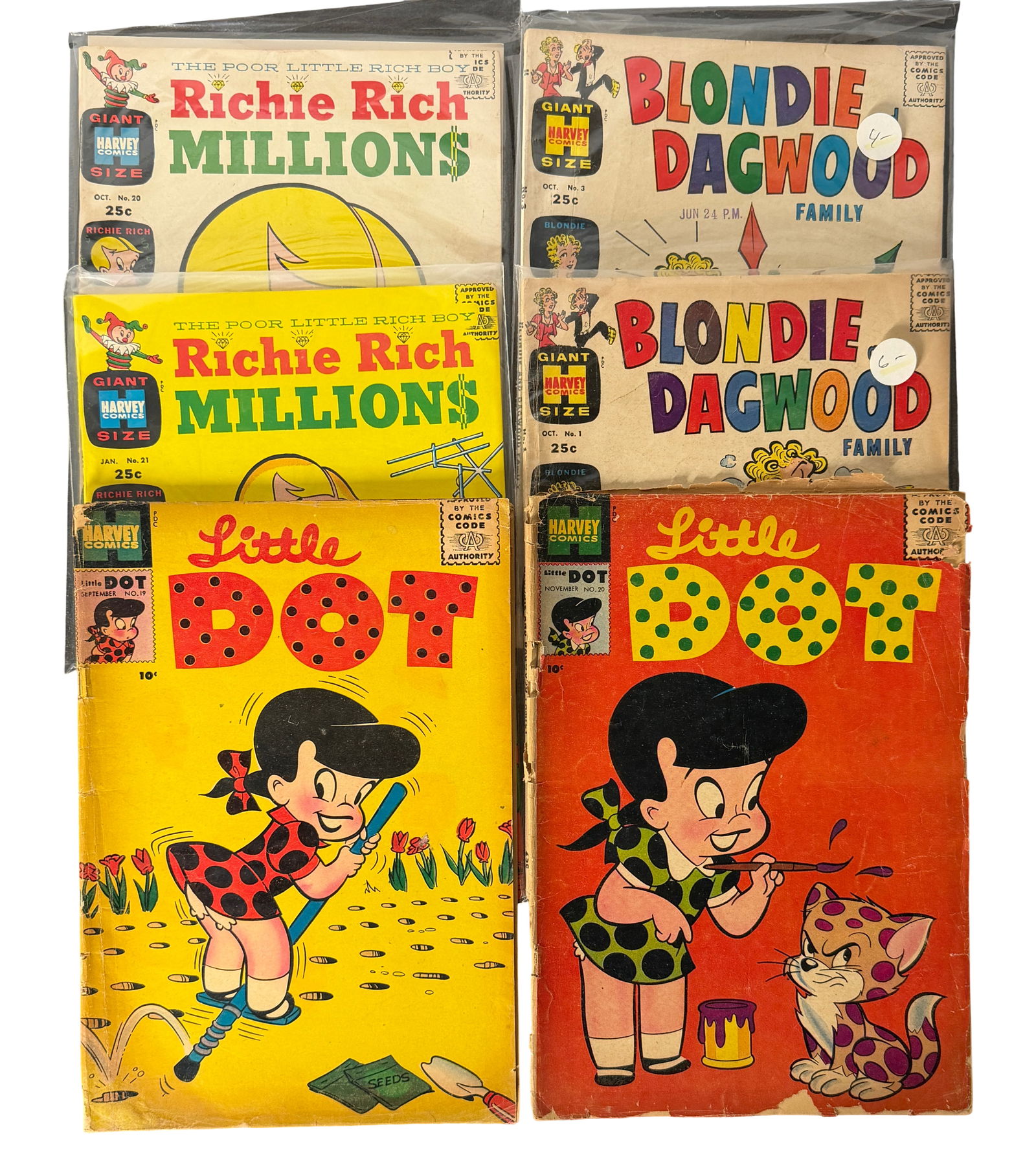 Comic Book Lot Richie Rich, Blondie, Little Dot: Vintage Harvey Comics including Richie Rich Millions, Blondie Dagwood Family, and Little Dot issues. Bright colors, mid-century kids comics.