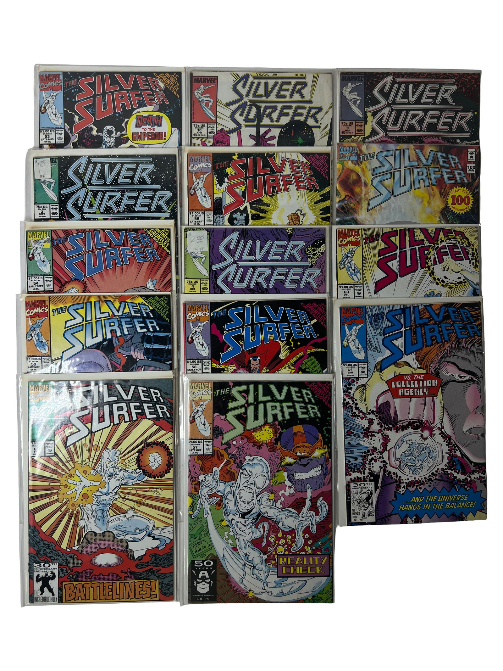 Silver Surfer Lot (Late 80s90s): Multiple issues incl. Infinity Gauntlet era tie-ins. Infinity Gauntlet crossover, Thanos appearances, Surfer keys